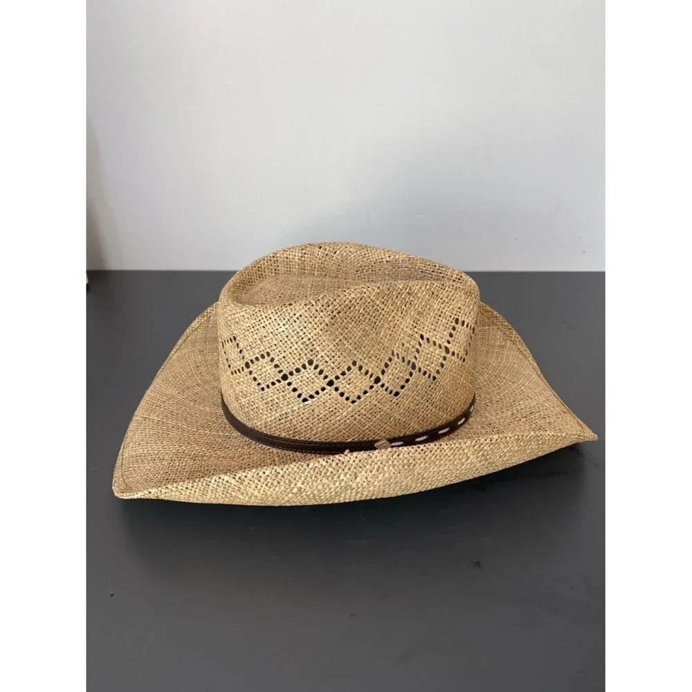 Stetson Men’s Natural Straw Cowboy Hat with Brown Leather Band Sz L Western Chic